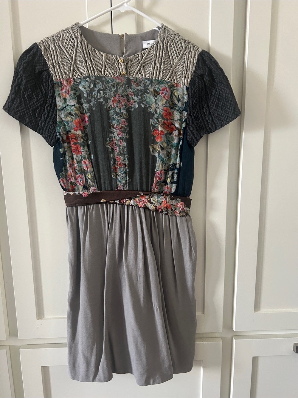 Mixed-Media Floral & Knit Short Sleeve Dress - Gray & Navy